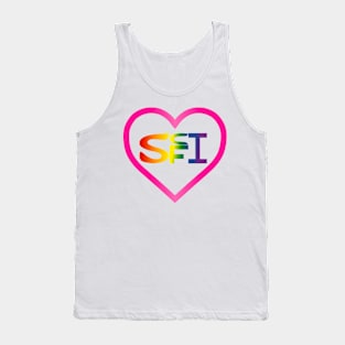 six colors rainbow scifi text inside pink heart outline Tank Top